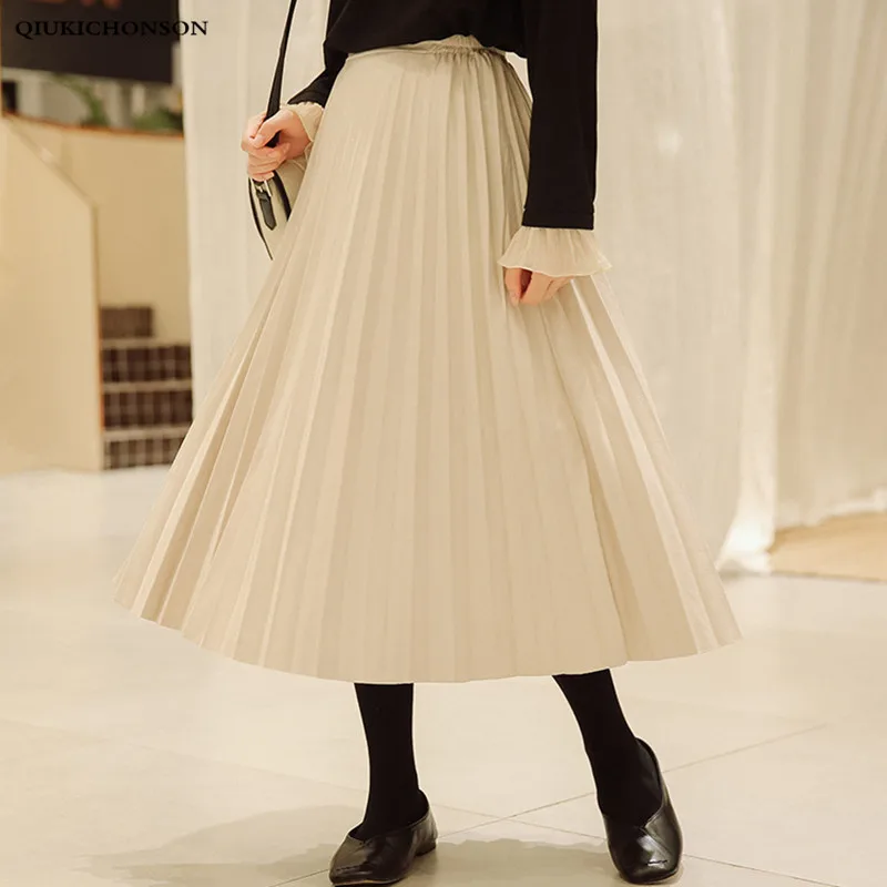 

Vintage Preppy Style High Waisted Long Midi Skirts Women Autumn Winter Korean A Line Pleated Skirt Suede jupe longue hiver