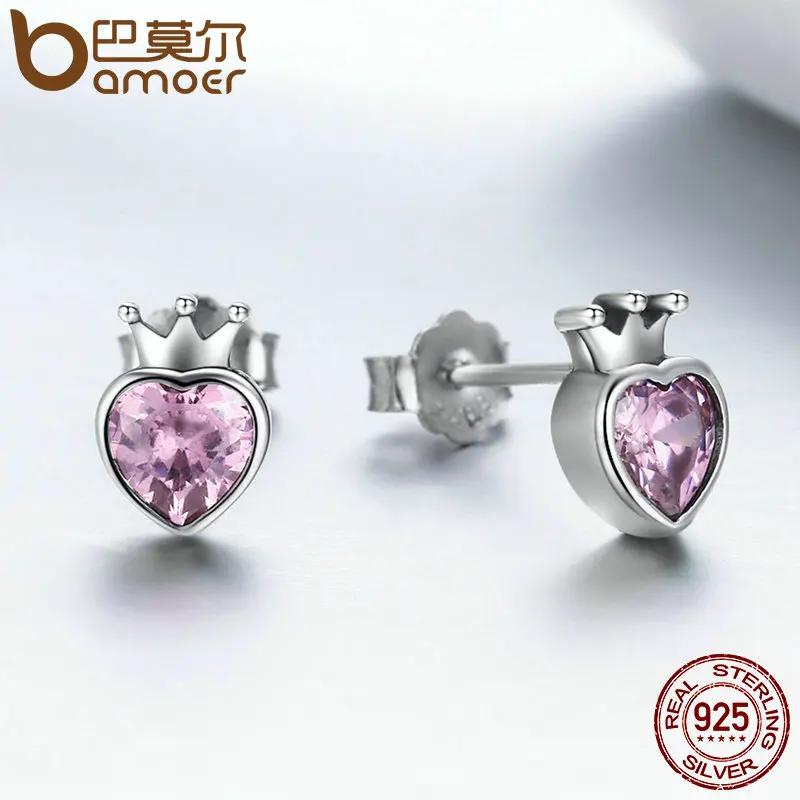 Женские серьги гвоздики из серебра 925 пробы с розовым сердцем|925 sterling|earrings heartheart