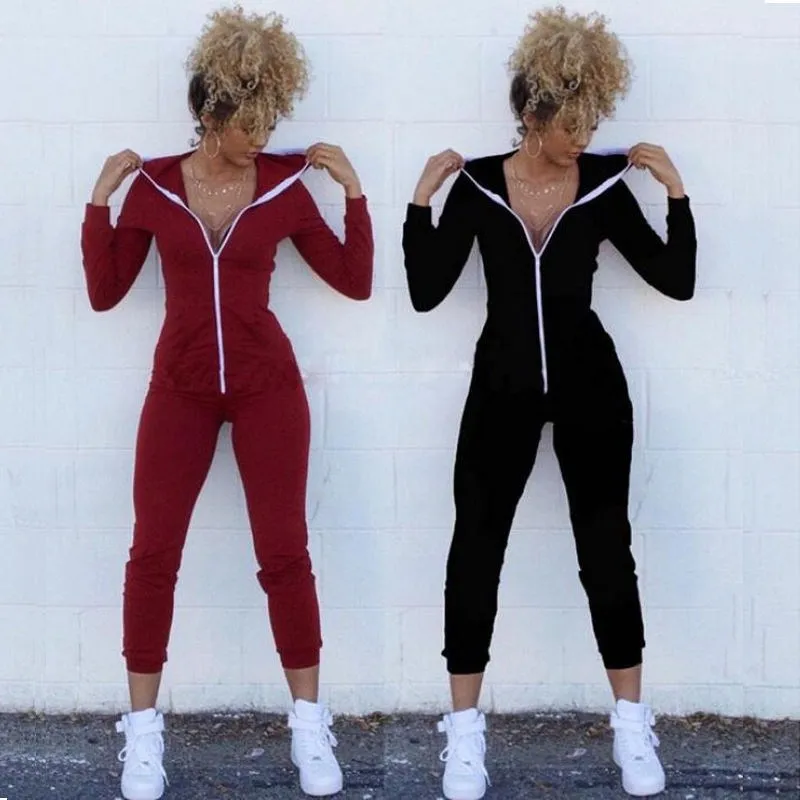 Fashion Women Hooded Jumpsuit Romper Long Sleeve Front Zipper Slim