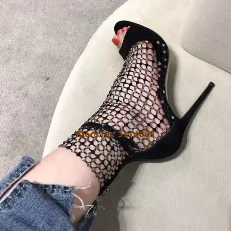 

Women Newest Bling Bling Crystal Ankle Sandal Boots Shining Rhinestone Cage Network Sandals Thin High Heel Wedding Shoe Dropship