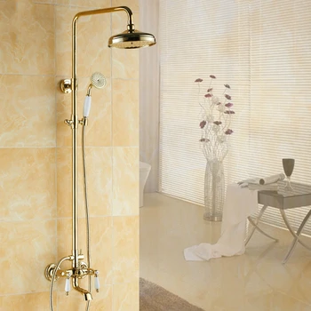 

Antique Gold Copper Shower Set With Double Handle European Polished Shower Cold And Hot Wall Mounted Bathroom Shower Suit Wb3