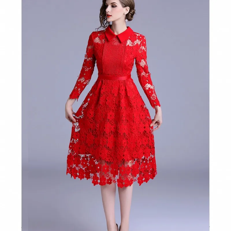 

Dresses For Women Red Lace Dress Elegant Evening Party Dresses Sexy Slim Mid-Calf Christmas Dress 2019 LONG Sleeve vestidos