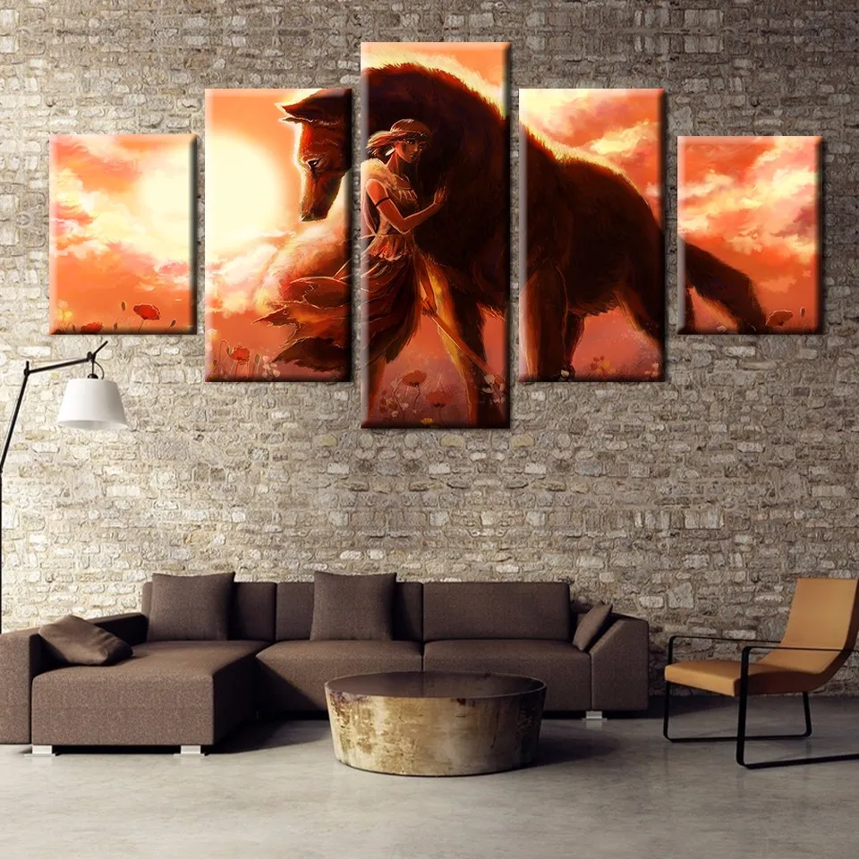 

Modular Canvas Pictures Home Decor For Living Room Frame 5 Pieces Anime Princess Mononoke Wolf Paintings Wall Art Posters PENGDA
