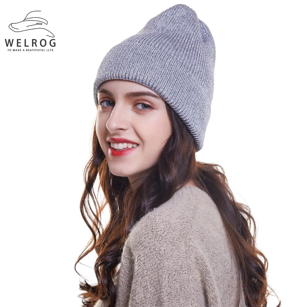 

WELROG Women's Bronzing Beanies Hat 2019 Winter Thicked Knitted Beanie for Women Ladies Hot Silver Rope Shining Beanie Cap