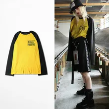 Новое поступление, Осенние футболки с длинными рукавами, чередующиеся с черным и желтым GD стиль, Южная Корея, Мода Harajuku, длинные футболки