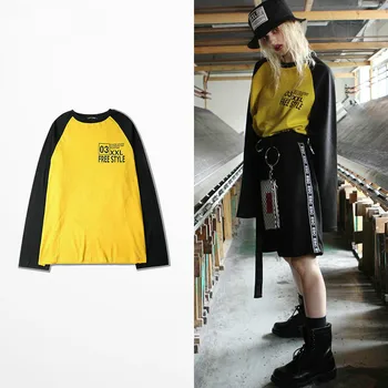 

New Arrive Autumn Long Sleeve T Shirts Alternate With Black And Yellow GD Style South Korea Fashion Harajuku Long T-shirts