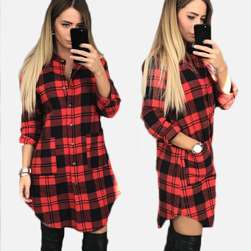 

Women's Plaid Shirt Button Pocket Dresses Casual Loose Long Sleeve Sailor Collar Mini Dress Spring Autumn Fashion Lady Vestido