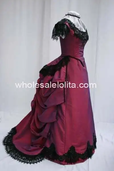 1900th век темно-красное свадебное атласное черное кружевное викторианское платье периода суеты