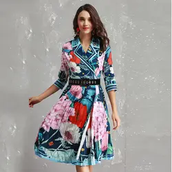 2019 весеннее красивое Плиссированное Платье с принтом для женщин, высокое качество, модное Цветочное платье с отложным воротником до