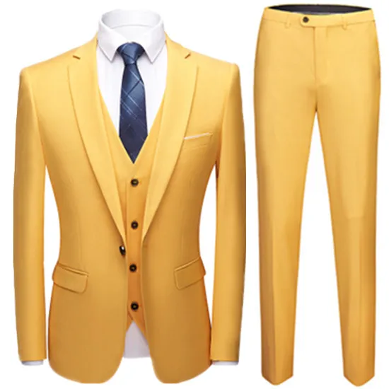 Модные мужские деловые повседневные бутиковые комплекты из 3 предметов/мужской однотонный Блейзер Куртка пальто жилет брюки жилет - Цвет: 3 pieces set yellow