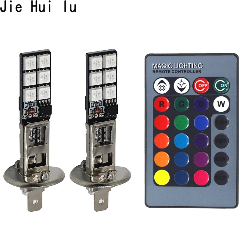2pcs H1 H3 Rgb Wireless 5050 Control 12 Smd Strobe Led Decoration Drl Fog Light Bulbs Parking