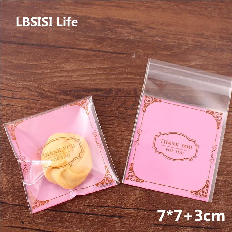 

LBSISI Life 100pcs 7x7+3cm Pink Hand Made DIY Chocolate Candy Cookie Bags Self Adhesive Packaging Plastic Jewelry Soap Gift Bag