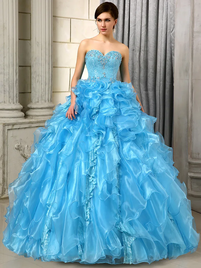 Traditional Ball Gown Prom Gowns Long Blue Strapless Crystals Ruffle ...