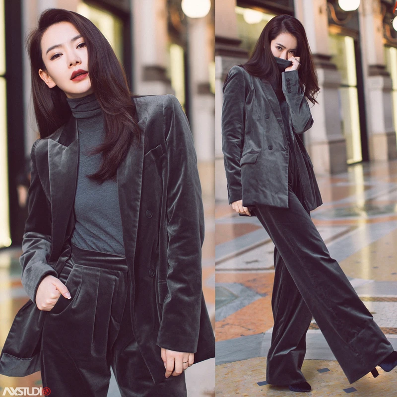 

Gold velvet ladies suit women's small suit trousers fashion two-piece female British wind suit suit new style autumn and winter
