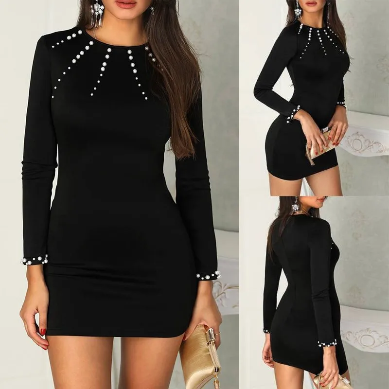 

Women Beaded Black Dresses Long Sleeve Bodycon Dress Pullover Ladies Party Cocktail Mini Dress Fashion summer dresses Dropship