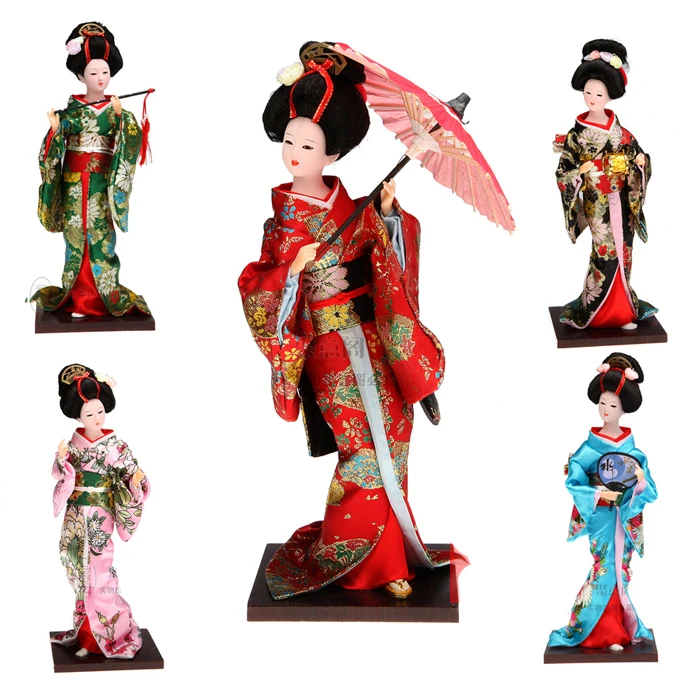 12 Inches Raw Silk Japanese Costume Geisha Figure Doll Retro Handmade