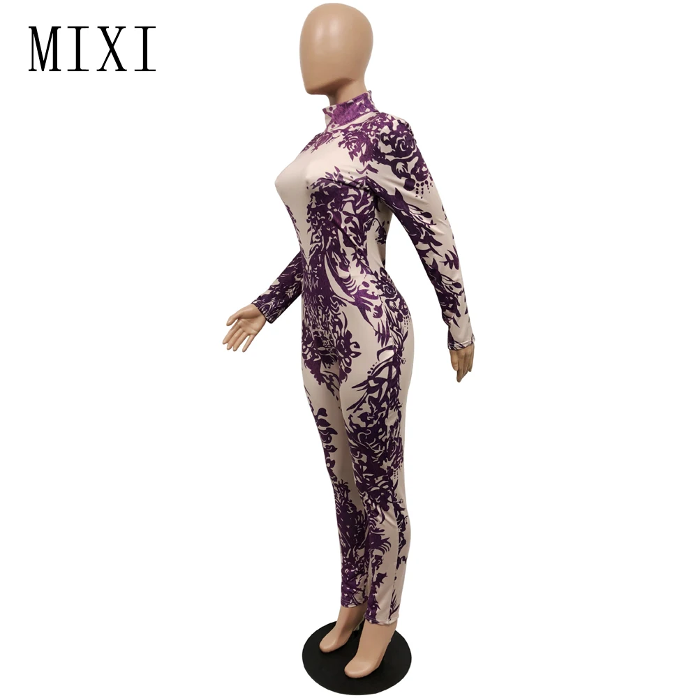 MIXI Winter Vintage Printed Jumpsuits Turtleneck Long Sleeve Night Club Rompers Womens Jumpsuit Skinny Long Pants Party Overalls