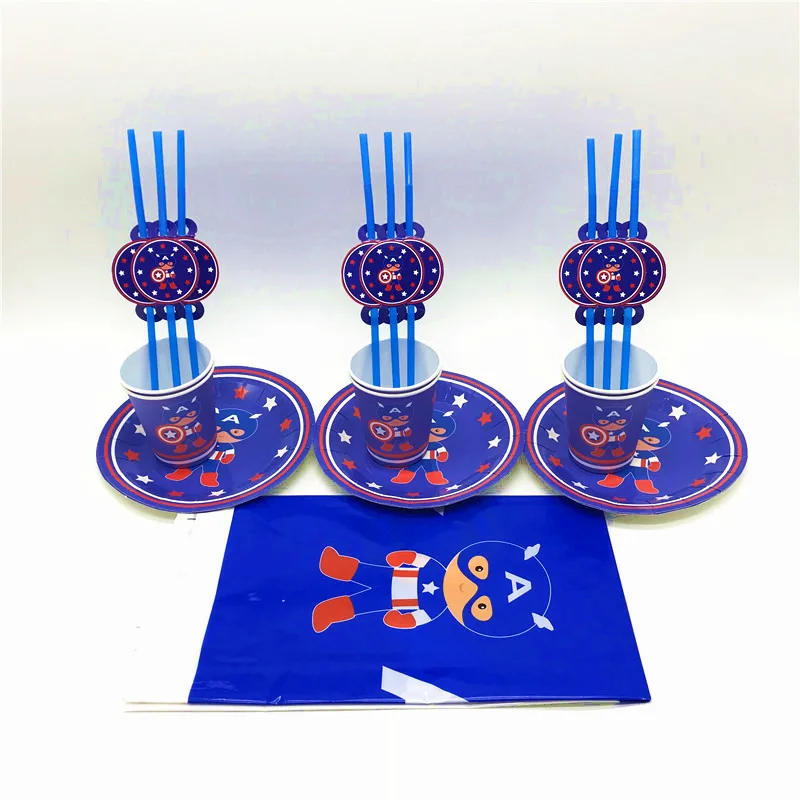 

Captain America Marvel 73Pcs/Lot Paper Cup+Plate Wedding Event Party Plastic Straw Child Favors Birthday Party Tablecloth Supply