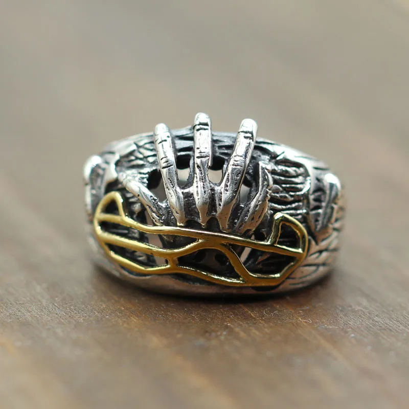 

S925 Sterling Silver Ring Carved reborn man domineering personality hell Thai silver jewelry Retro Old ring opening