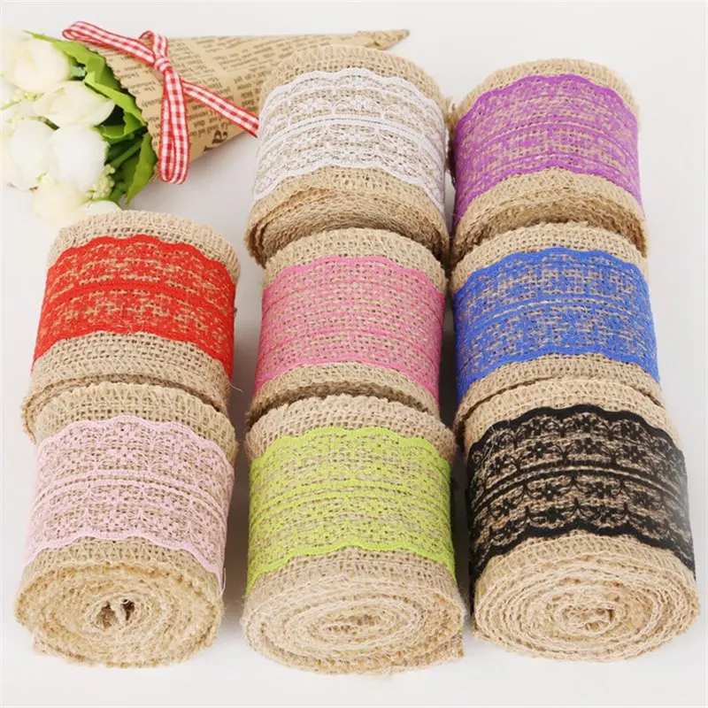 

6cm*2meter Natural Burlap Roll With Colorful Ribbon Lace hessian Vintage Jute Rustic Christmas Wedding Party Decoration 62517