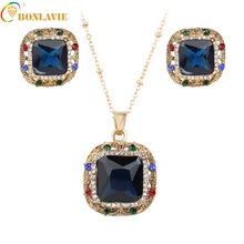 Luxury Square Jewelry Sets Silver Color Blue Rhinestone Top Quality Engagement Necklace Earring Silver Bridal Jewelry Sets