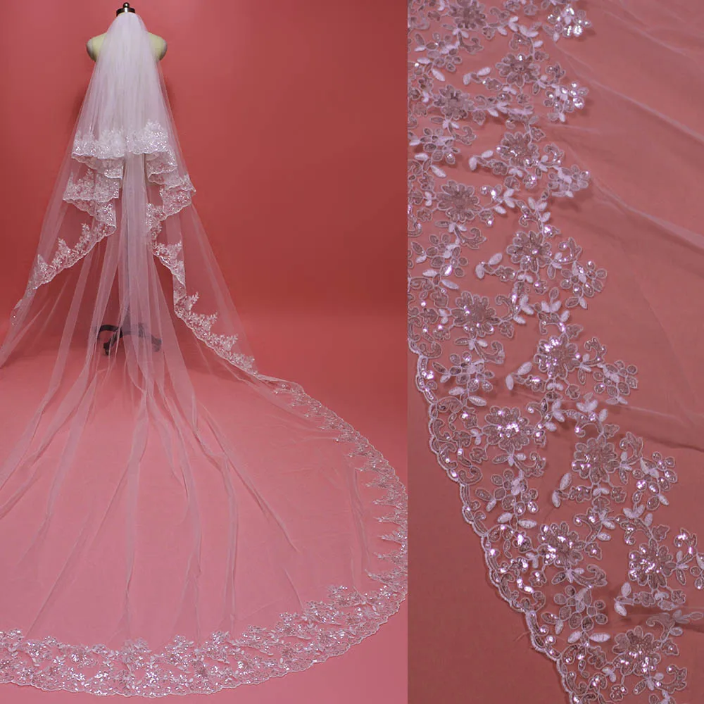 Luxury Sequined Lace Edge 2 Layers 3 Meters Long Wedding Veil with Comb Cover Face Bridal Velo de Novia | Свадьбы и торжества