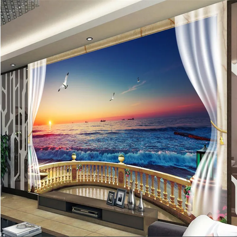 Wall Panel Wallpaper 3D Balcony with Beach View Background Modern Mediterranean Mural for Living Room Large Painting Home Decor