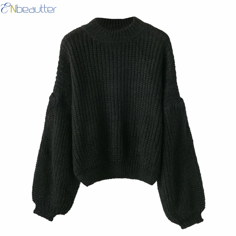 

ENbeautter Solid Stripe Women's Autumn Winter Knitted Sweater antern Sleeve O-Neck Pullovers Casual Loose Jumper Tops 2017 New