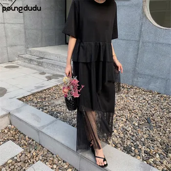 

Poungdudu maternity pregnant women dress fake two pieces of mesh loose irregular dress long skirt cake skirt 2019 summer new