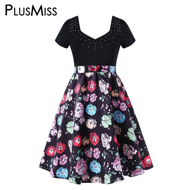 PlusMiss плюс Размеры 5XL 4XL Винтаж цветок Цветочный принт платье Лето 2018 короткий