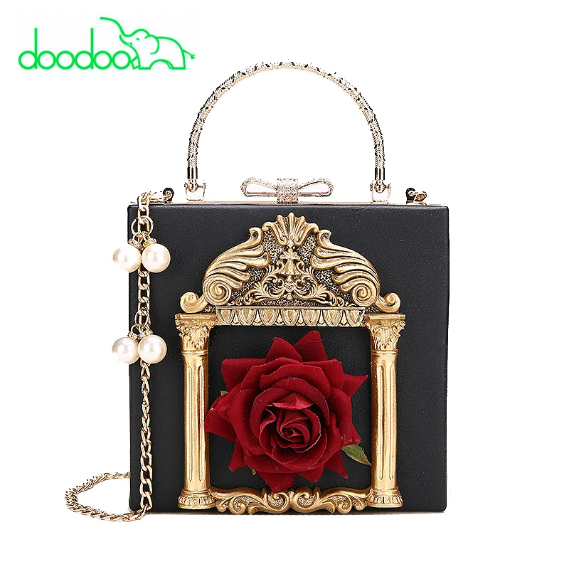 

Elegant Baroque Style Flower Handbag Retro Female Party Bag Pearl Chain Shoulder Messenger Bags Women Evening Box Bag Sac A Main