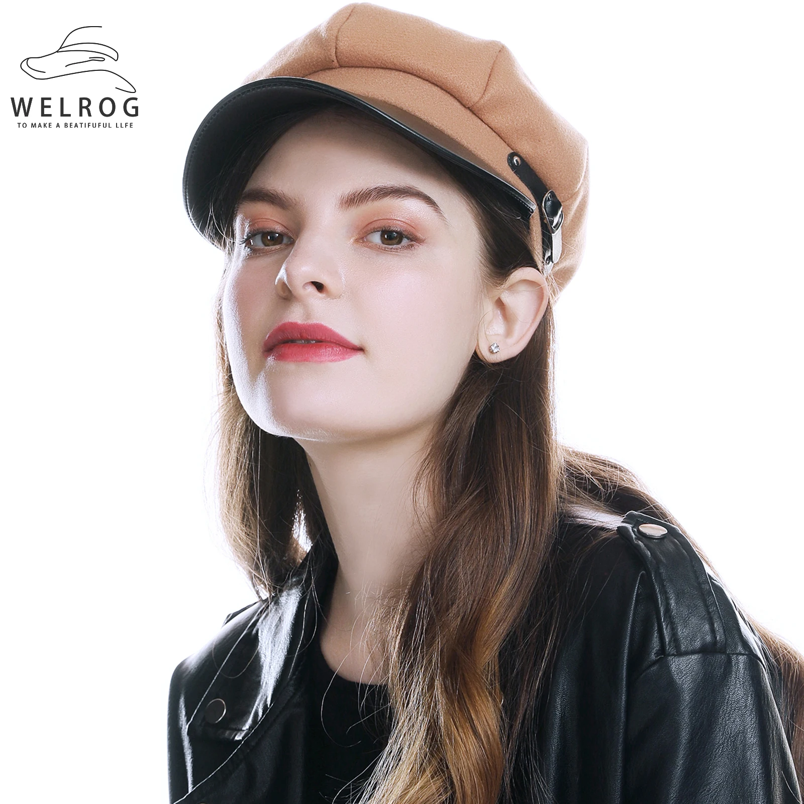 

WELROG Women's Hat Female Autumn Leather Wool Cotton Blend Cap Octagonal Hats Boina Woman Solid Color Newsboy Caps Winter Beret