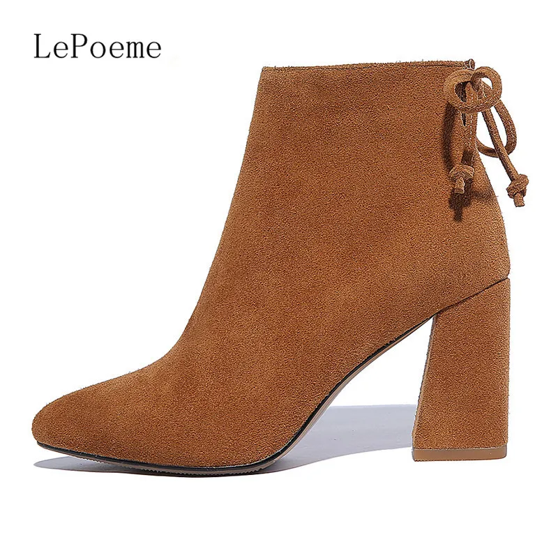 Genuine Leather Martin Boots Autumn and winter Fashion Brand Thick Heel High Heel Boots Black Apricot