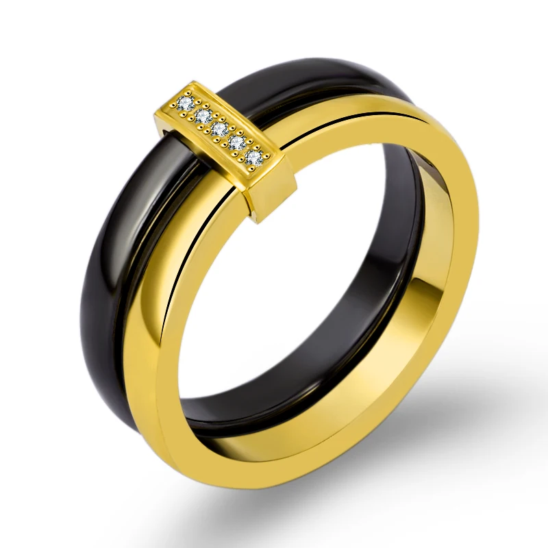 Модное классическое керамическое кольцо для женщин, свадебное кольцо белого и черного цвета, роскошное Двухрядное кольцо из нержавеющей стали с кристаллами