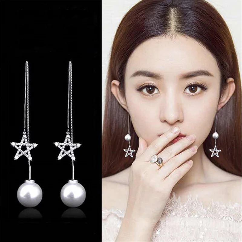 

2018 Fashion 925 Silver Double Sided Star Imitation Pearl Stud Earrings for Women Wholesale Elegant Ear Line Party Jewelry H3311