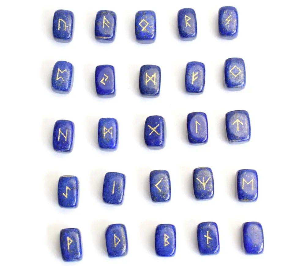 

0.6 x 0.4 INCHES Natural Small Size Lapis Lazuli Rune Stones Engraved Pagan Lettering Wiccan Set with a Free Velvet Pouch