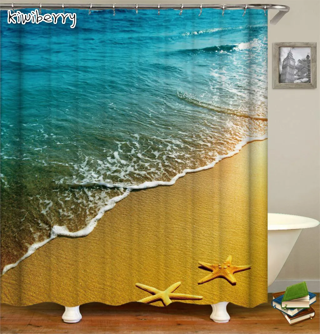

Beach Scenery Shower Curtain Transparent Waterproof Polyester Bath Curtain Scene Printingn Bathroom Curtains For Home Decor