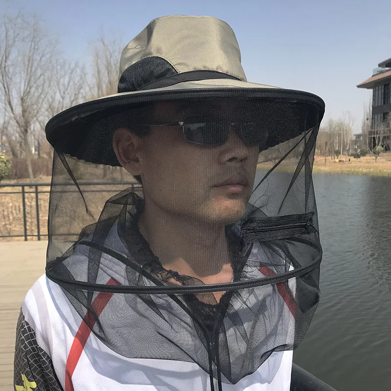 Outdoor Fishing Beekeeping Essential Multi-Function Mesh Anti-mosquito Bites Folding Big Caps Man Net Fisherman Gray Hat | Спорт и