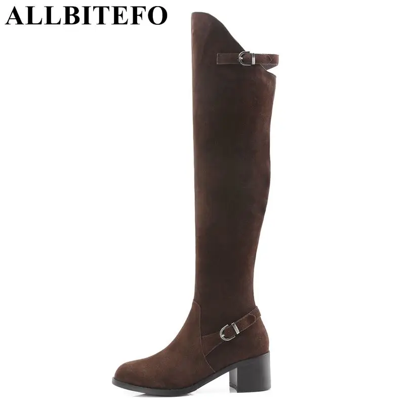 

ALLBITEFO natural genuine leather women over knee boots sexy high heel lace up thigh high boots Winter warm girls high boots