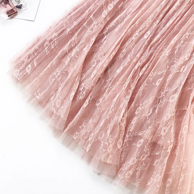 Women Long Tulle Skirt High Waist Elascity Maxi Pleated Skirt 2019 Spring Sweet Pink Party Skirt Fashion Lace A-line skirt Femal Women Long Tulle Skirt High Waist Elascity Maxi Pleated Skirt 2019 Spring Sweet Pink Party Skirt Fashion Lace A-line skirt Femal