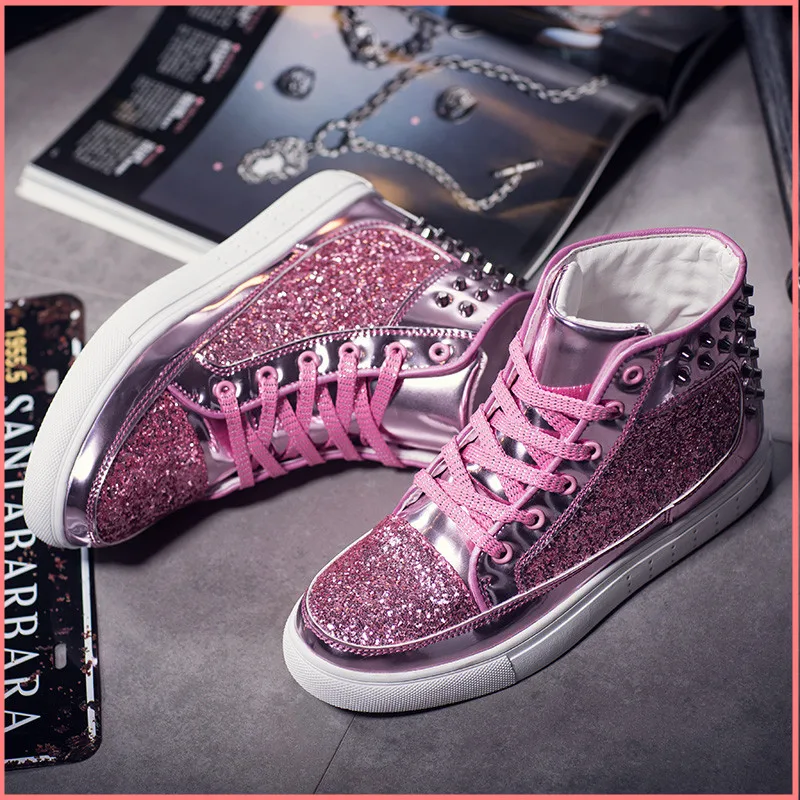 

Super cool High-top rivet sequined patent leather fashion Unisex shoes Sneakers Women Shoes zapatos de mujer chaussures femme