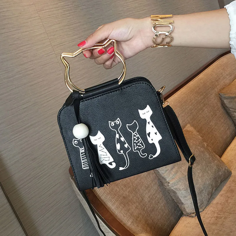Women Handbag Cat Pattern PU Leather Female Single Shoulder Bags Cute Kitty Black Messenger Bag Ladies Fashion Tote Bolsa SS0347 (14)