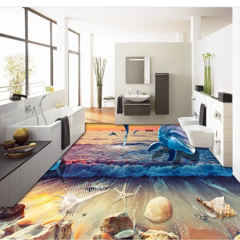 beibehang sunset beach water wave shell 3D floor bathroom and kitchen balcony PVC floor mural wall stickers wallpaper from 3D incognito tales from the beach