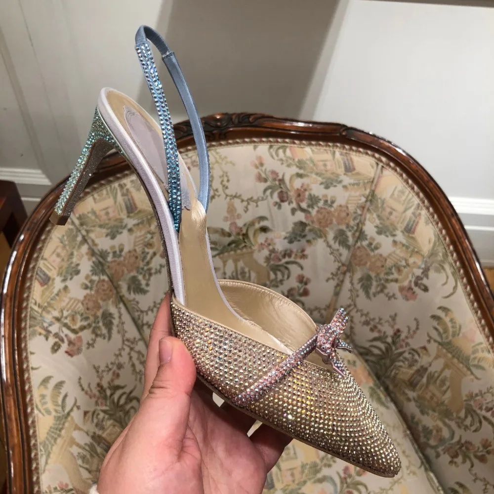 

Brand Designer Women Pumps High Thin Heels Sexy Butterfly Knot Decor Woman Shoes Bling Crystal Slingback Shoes Chic Pointed Toe