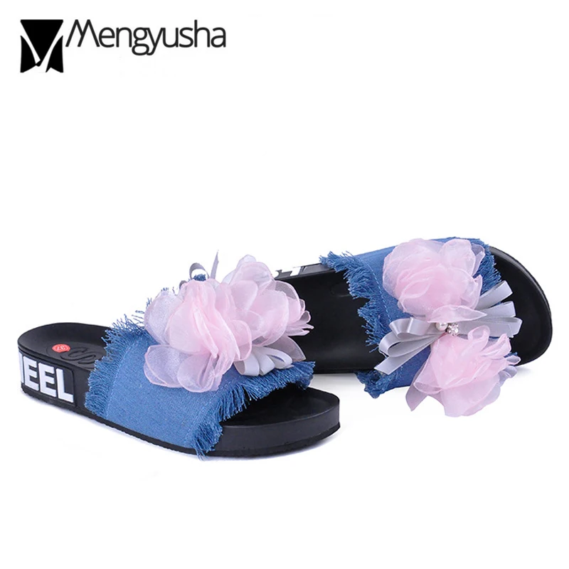 

sweet girls pink floral bow flip flops pearl decoration denim sandals women lace flower platform shoes summer jeans slipper c279