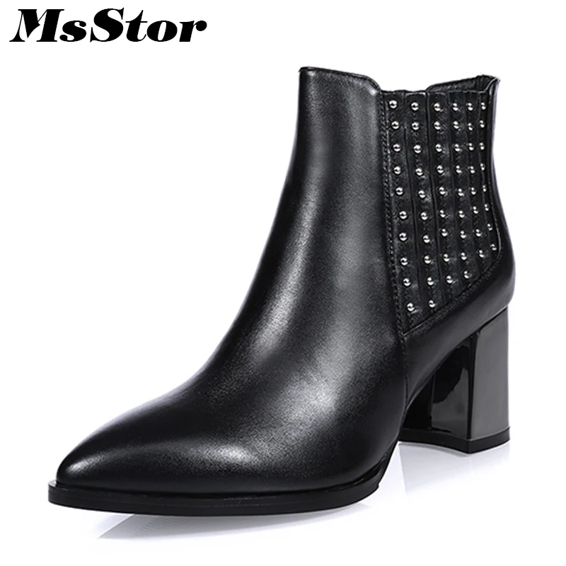

MsStor Pointed Toe Square Heel Women Boots Casual Fashion Metal Rivet Ankle Boots Women Shoes Slip-On High Heel Boots Women