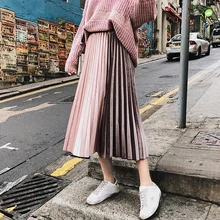 Женская плиссированная рубашка трапециевидной формы цвета металлик Loita, Женская бархатная длинная юбка в стиле пэчворк, saia longa, осень