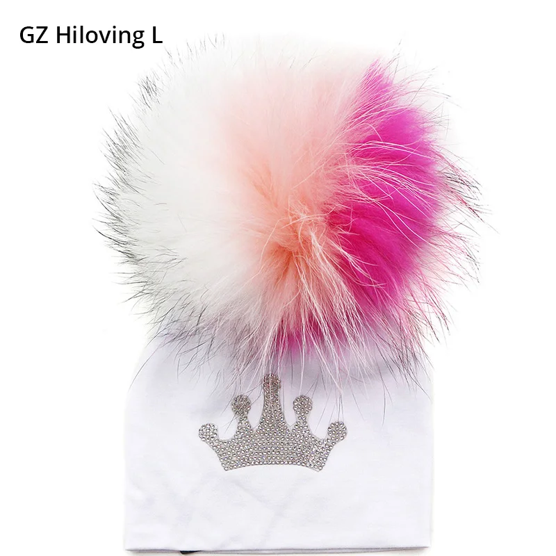 

GZhilovingL 0-5 month 2018 Boys Girls Unisex Baby Crown Hat Beanie With Real Fur pompom Spring Winter Soft Cotton Hairball Cap