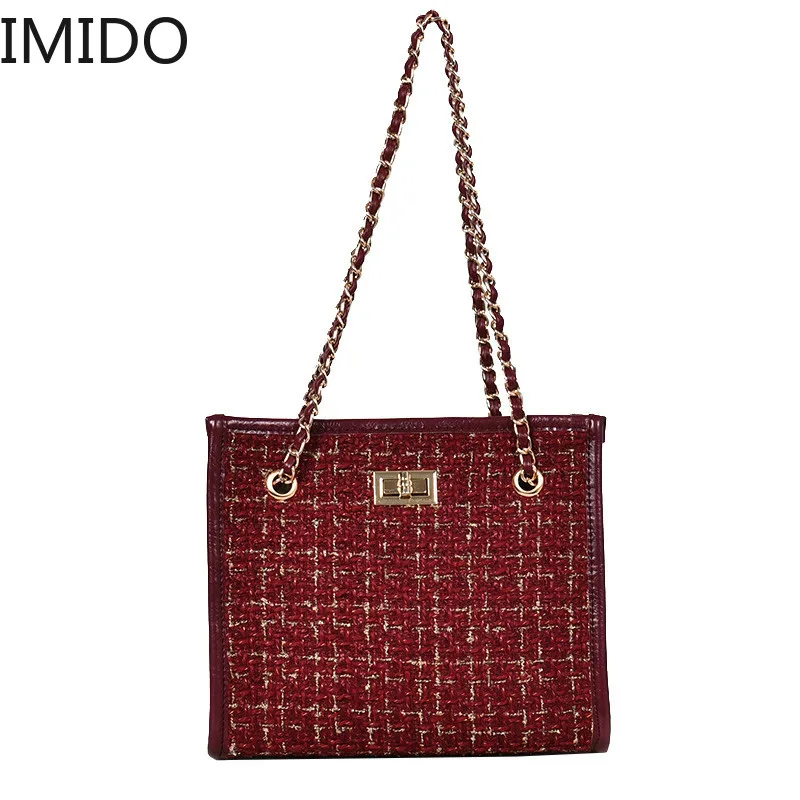 

2 Bags 2019 Winter Fashion New Ladies Big Tote Bag Quality Woolen Women's Designer Handbag Lock Chain Shoulder Messenger Bags