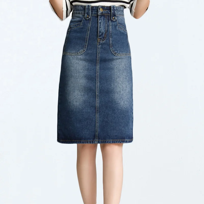 petite knee length denim skirt